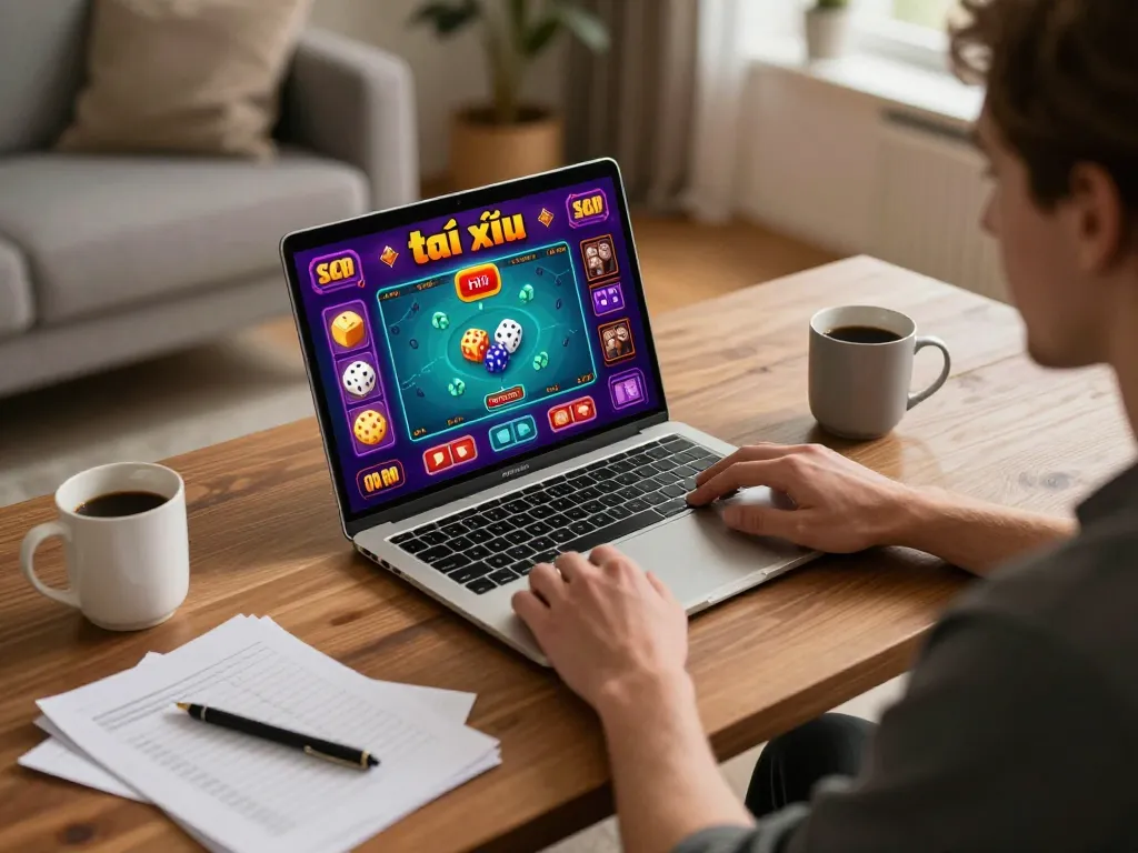 Engaging gameplay of game tài xỉu on laptop at home, demonstrating online gambling excitement and strategy