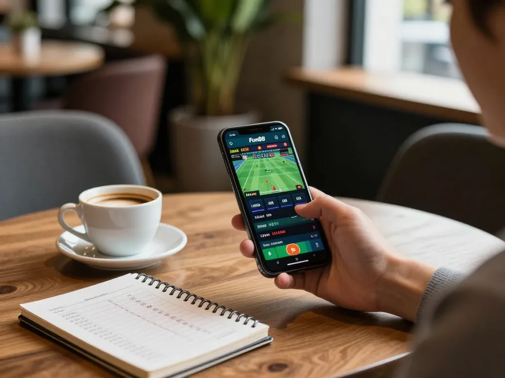 Engage in dynamic betting with Fun88 app displayed on smartphone at a stylish café.