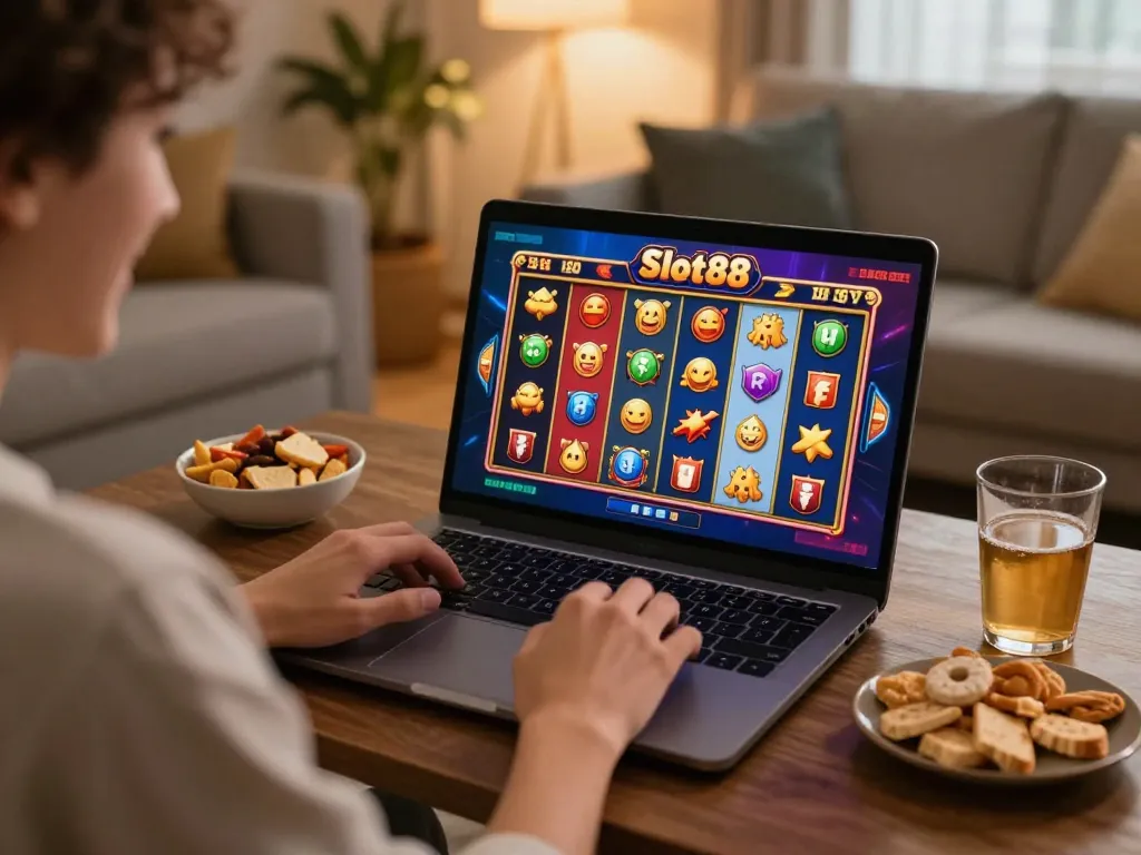 Enjoying Slot88 online gaming with colorful reels in a cozy living room setup.