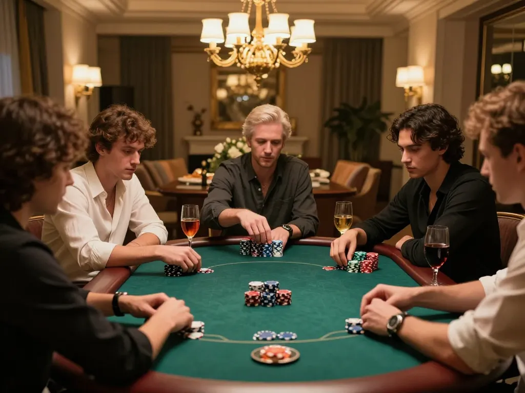 Intense poker game at home with Luck8 players strategizing their next moves.