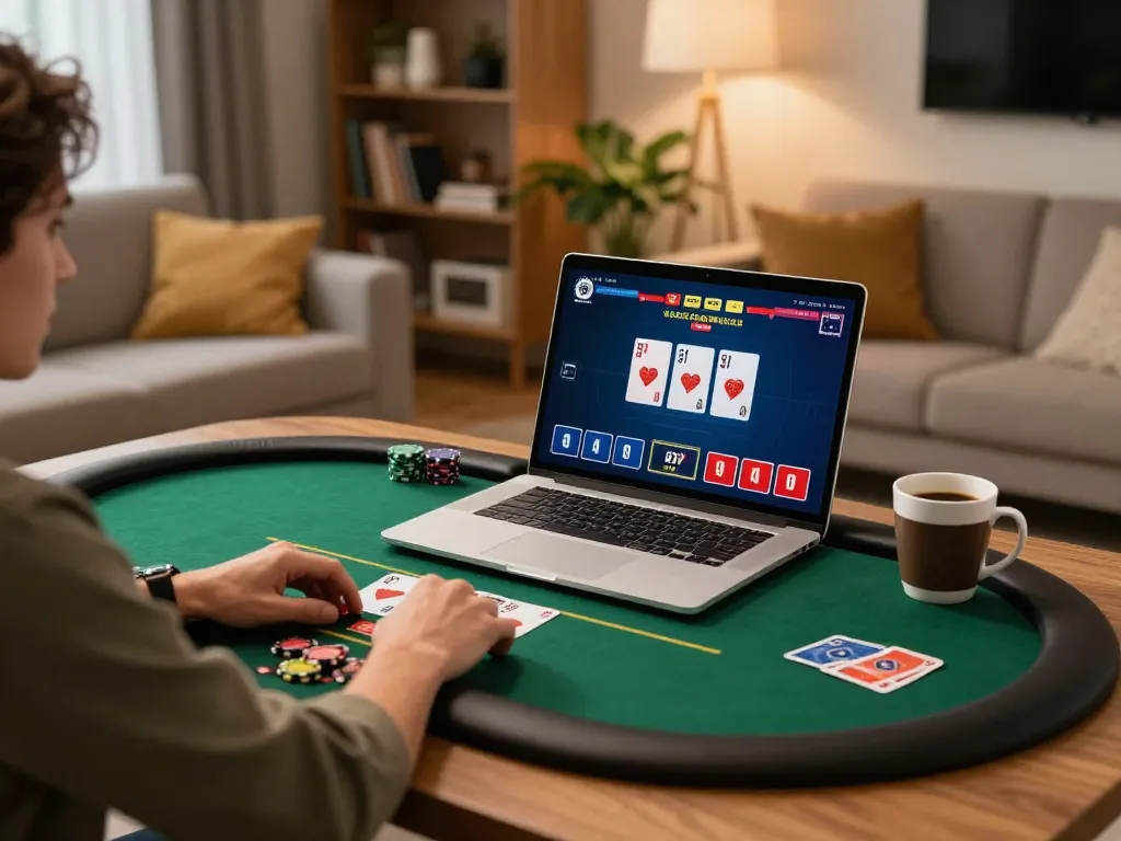 Engaging in an exciting poker game on xo88 with a sleek laptop setup, showcasing strategic gameplay.