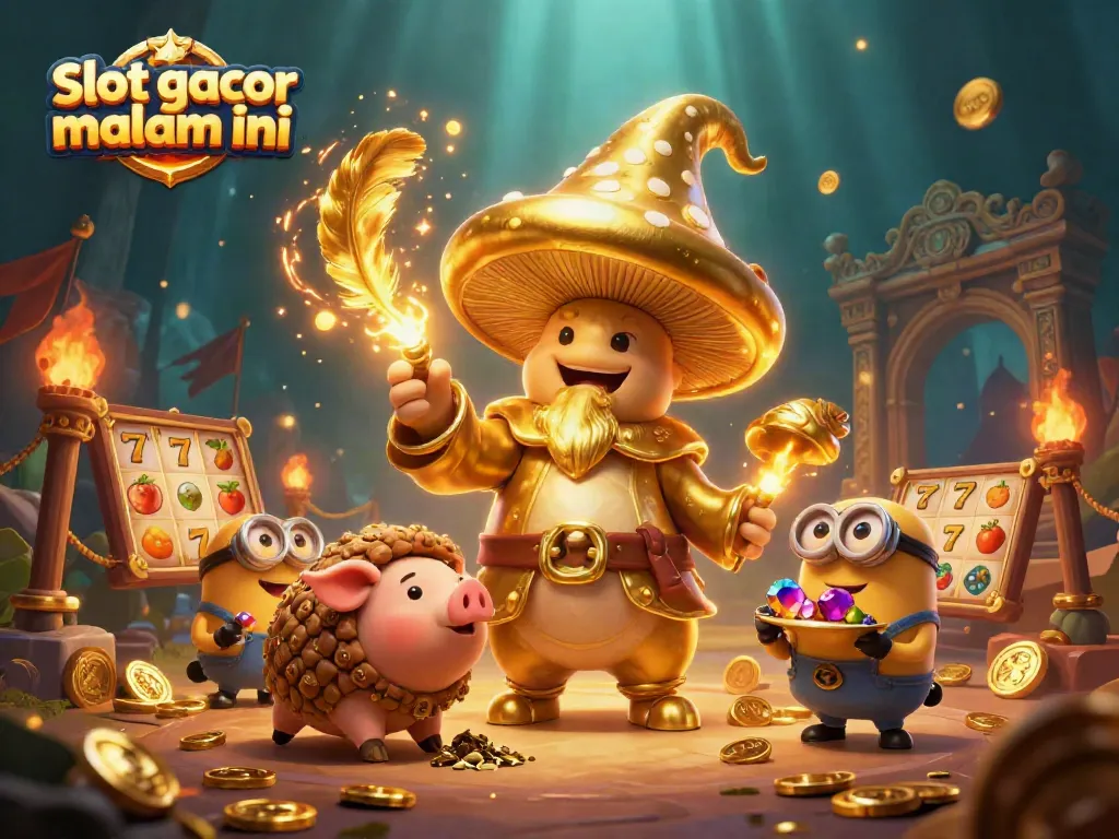 Menyajikan slot gacor malam ini, ilustrasi kasino dengan karakter ajaib, simbol buah, dan koin emas