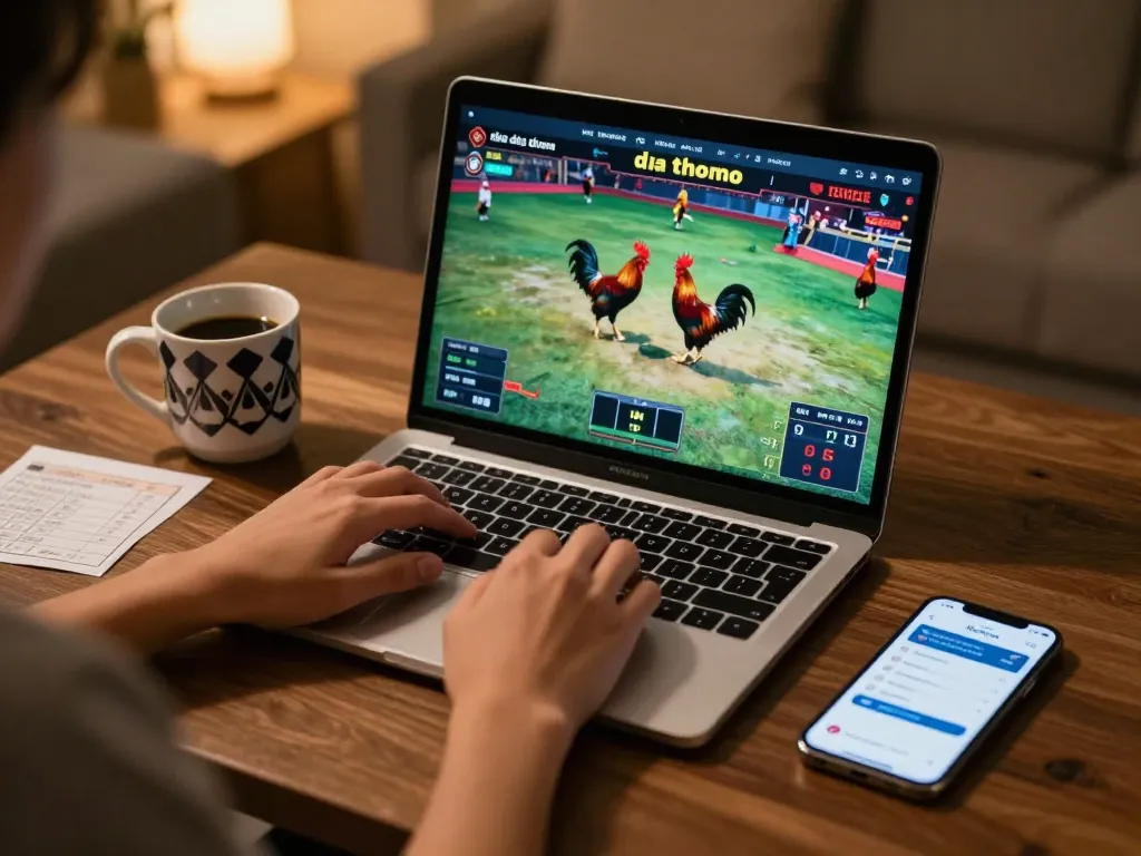 Engaging with live đá gà thomo matches on a laptop at home, showcasing the excitement of online gambling