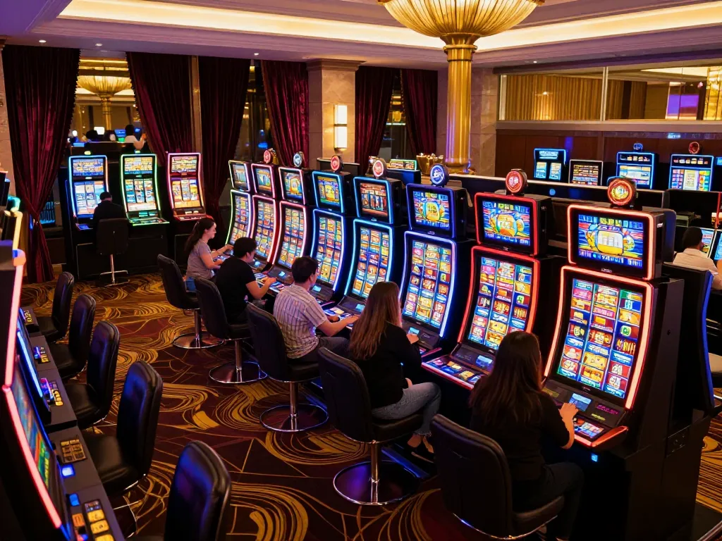 Players enjoying the vibrant slots at 789bet casino, illuminated by colorful neon lights.