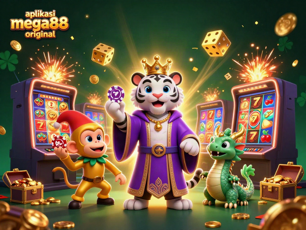 Experience the thrill with aplikasi mega888 original, featuring a vibrant casino scene with cartoon characters and slot machines.