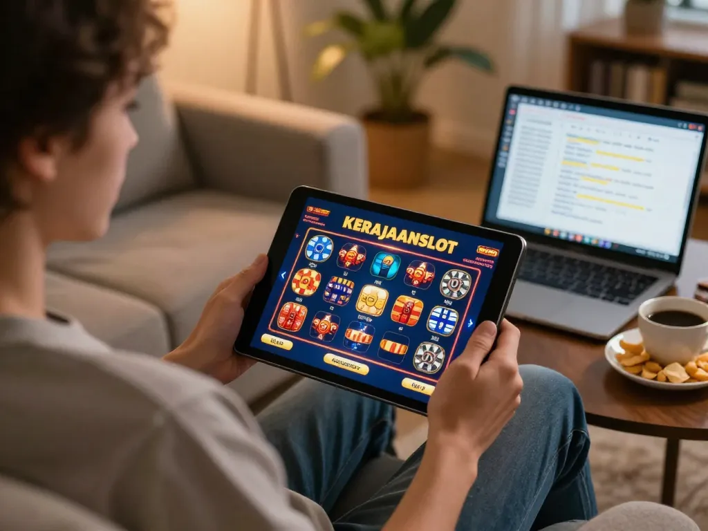 Engaging user playing kerajaanslot on a tablet, showcasing an interactive online gaming experience.