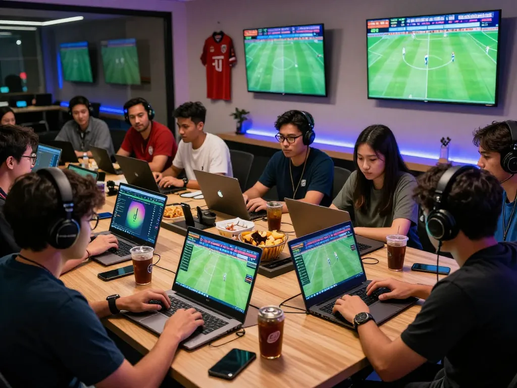 Engaging scene of diverse bettors enjoying Judi Bola online betting with laptops and live match stats.