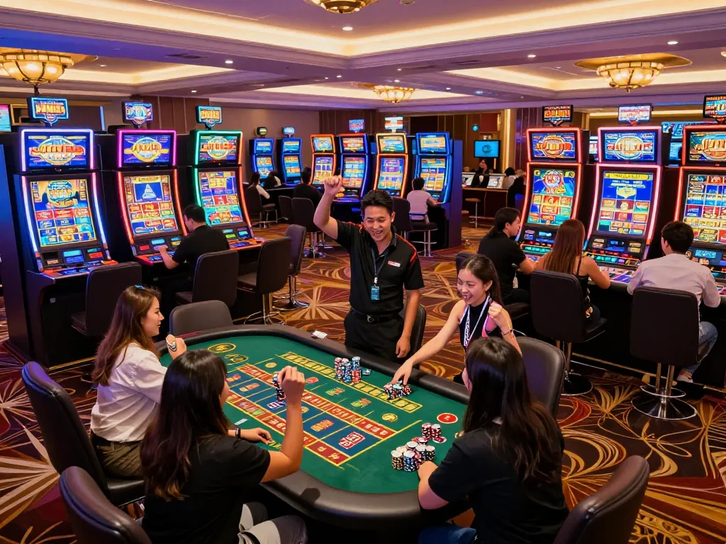 Players celebrating wins at JUN88 casino, vibrant atmosphere with slot machines and gaming tables.