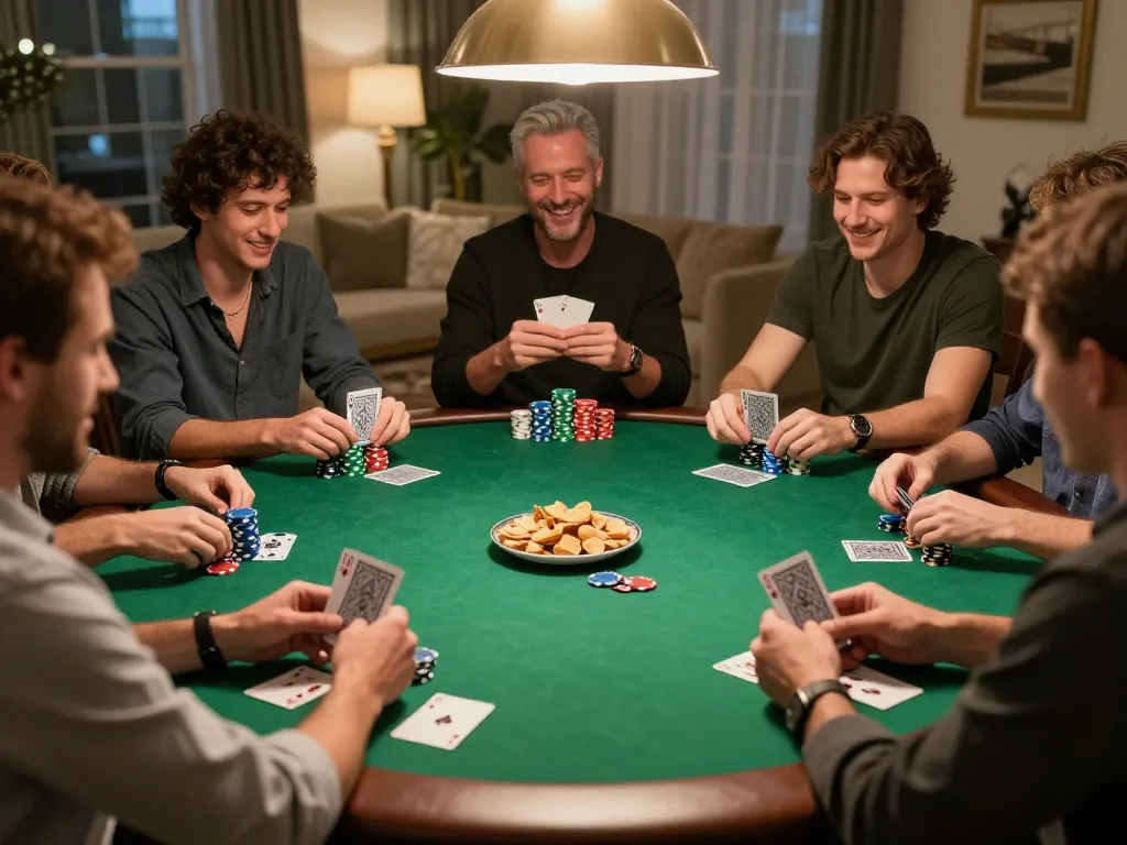 Engaged friends playing poker in a cozy home setting, showcasing an exciting MK8 gaming atmosphere.