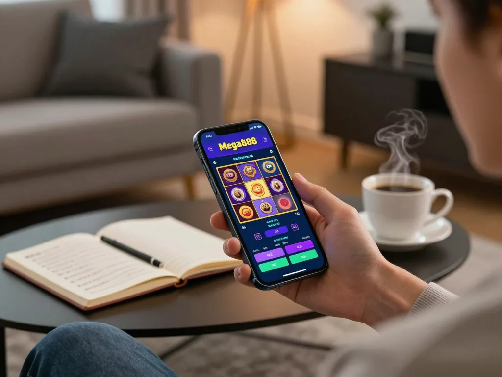 Mega888 mobile gaming experience on a stylish smartphone in a cozy living room, showcasing strategic betting.