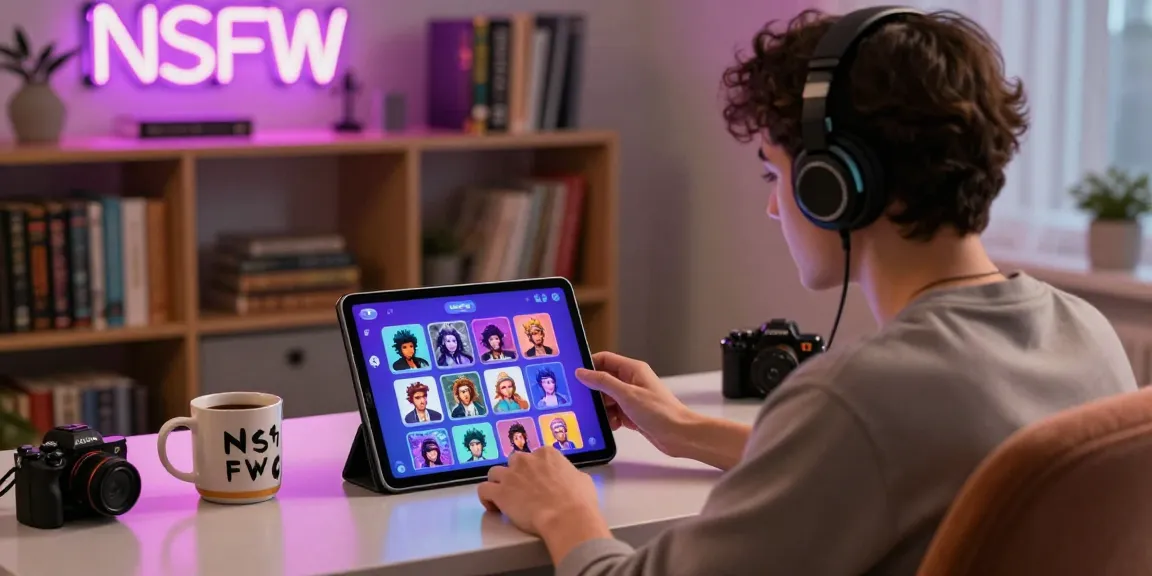 Engaging user interacting with an NSFW chat bot on a tablet in a cozy digital environment.