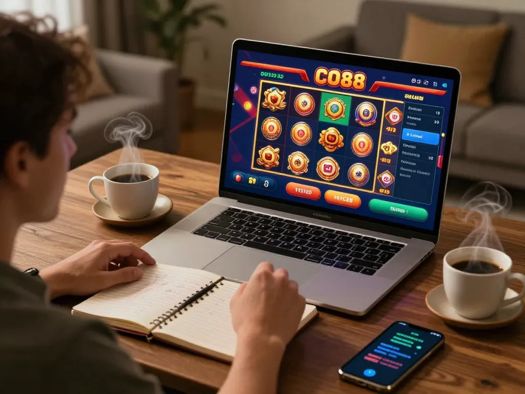 CO88 player engaging in exciting online casino gaming with vibrant slot graphics