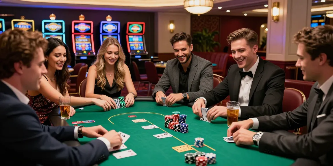Friends enjoying an exciting poker game at a casino, reflecting the vibrant essence of AA88.com.