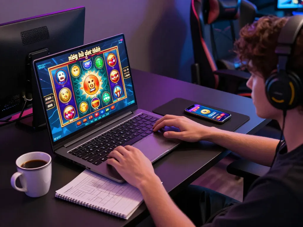 Engaging in nổ hũ đổi thưởng on a laptop with colorful game graphics and strategy notes nearby.