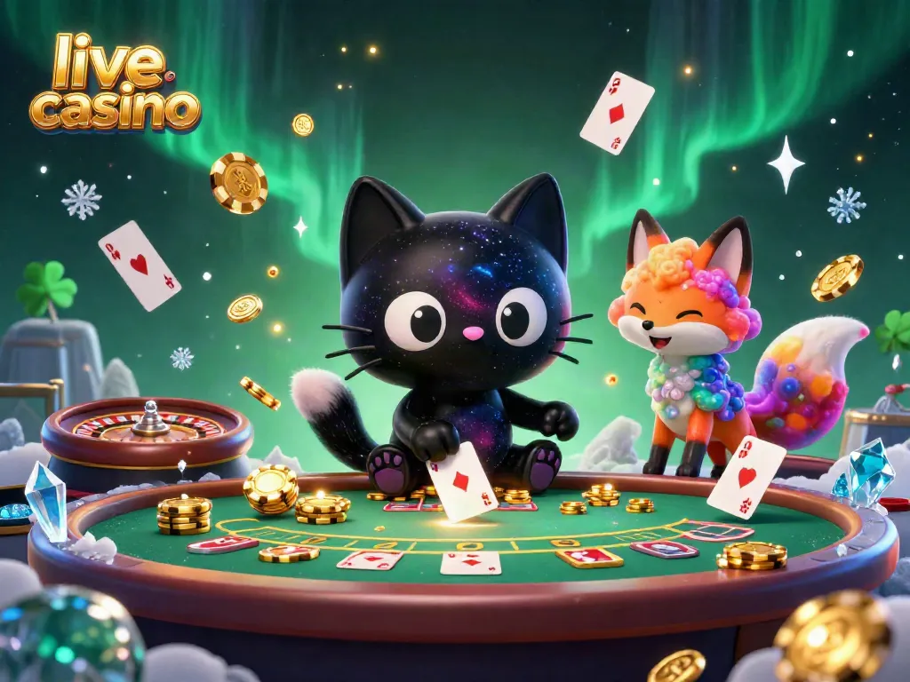 Pengalaman bermain kasino live dengan kucing hitam 3D dan rubah nebula dikelilingi elemen permainan.