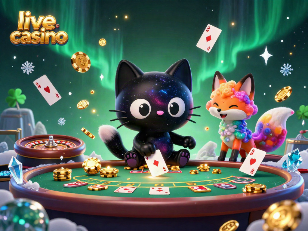 Pengalaman bermain kasino live dengan kucing hitam 3D dan rubah nebula dikelilingi elemen permainan.