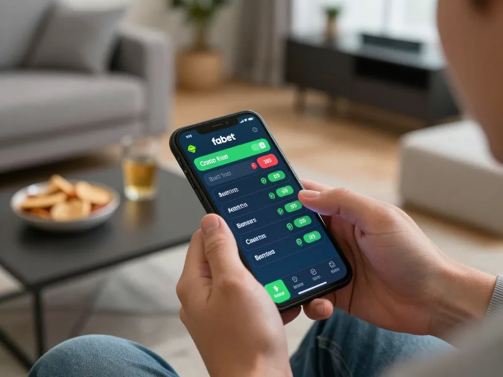 Engaging moment of a user placing bets on the fabet app in a cozy home setting