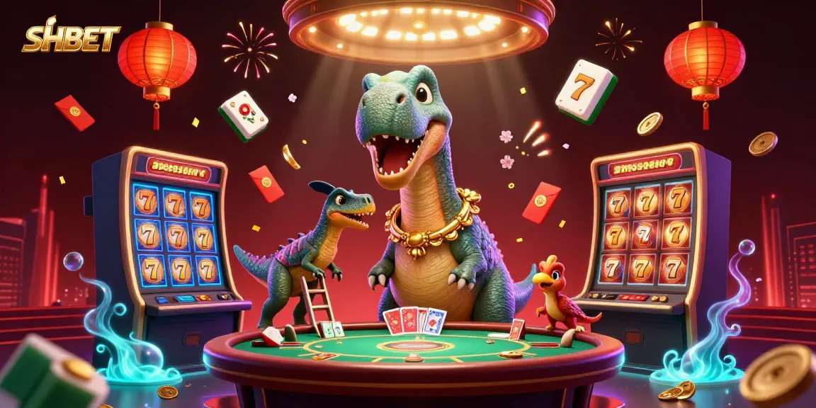 Experience thrill at SHBET with a dynamic casino scene filled with colorful characters and games.