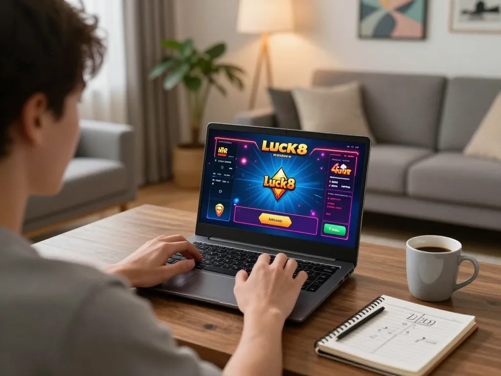 Engaging in online gaming on Luck8 net in a cozy home setting with a laptop and strategy notes.