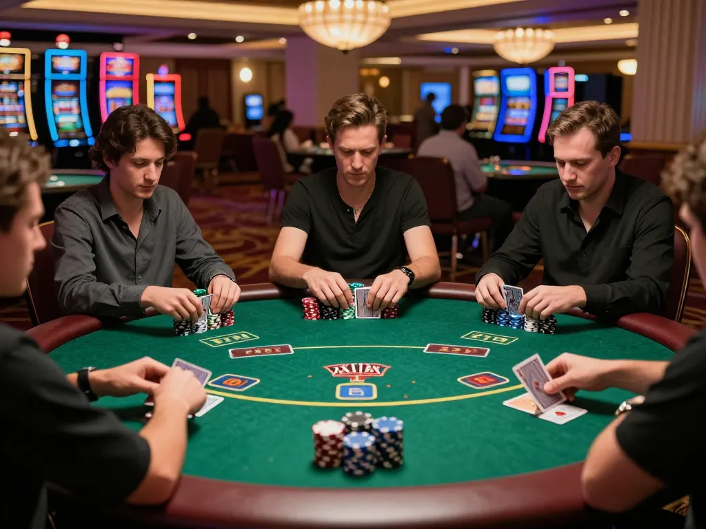 Players strategizing during an intense poker game at casino scope, capturing the thrill of competitive play