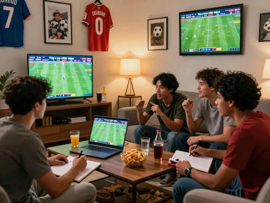 Tỷ lệ kèo displayed on screens in a lively football betting scene with friends analyzing odds and enjoying the game.