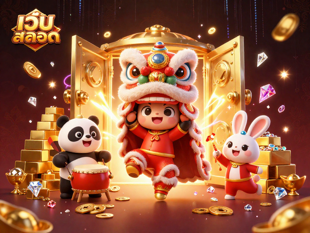 Experience the excitement of เว็บสล็อต with a vibrant 3D scene featuring a lion dance, panda drummer, and treasures.