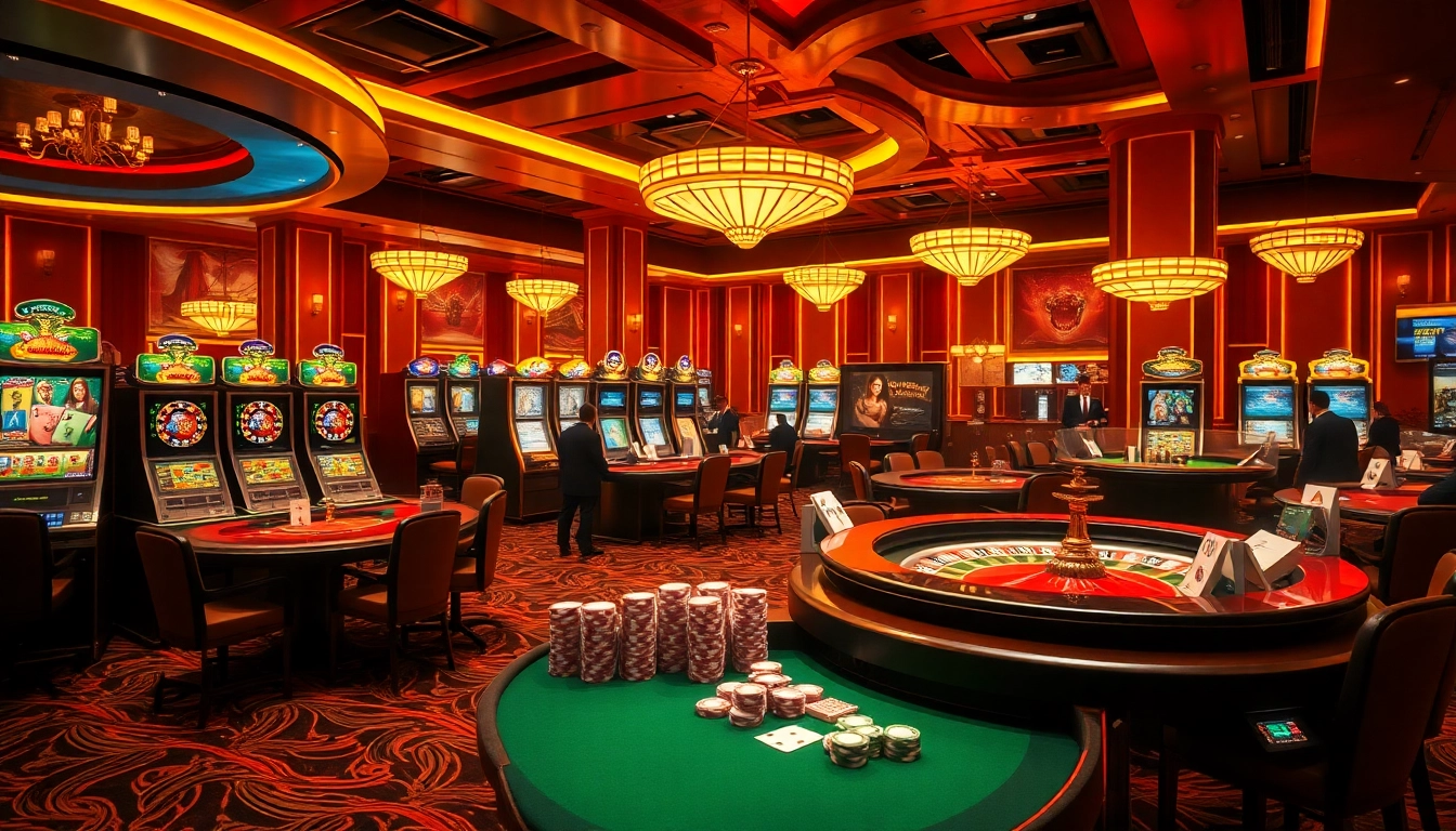 A vibrant casino scene at https://gi8.gr.com/ featuring luxurious tables, animated slot machines, and engaging players in a lively atmosphere.
