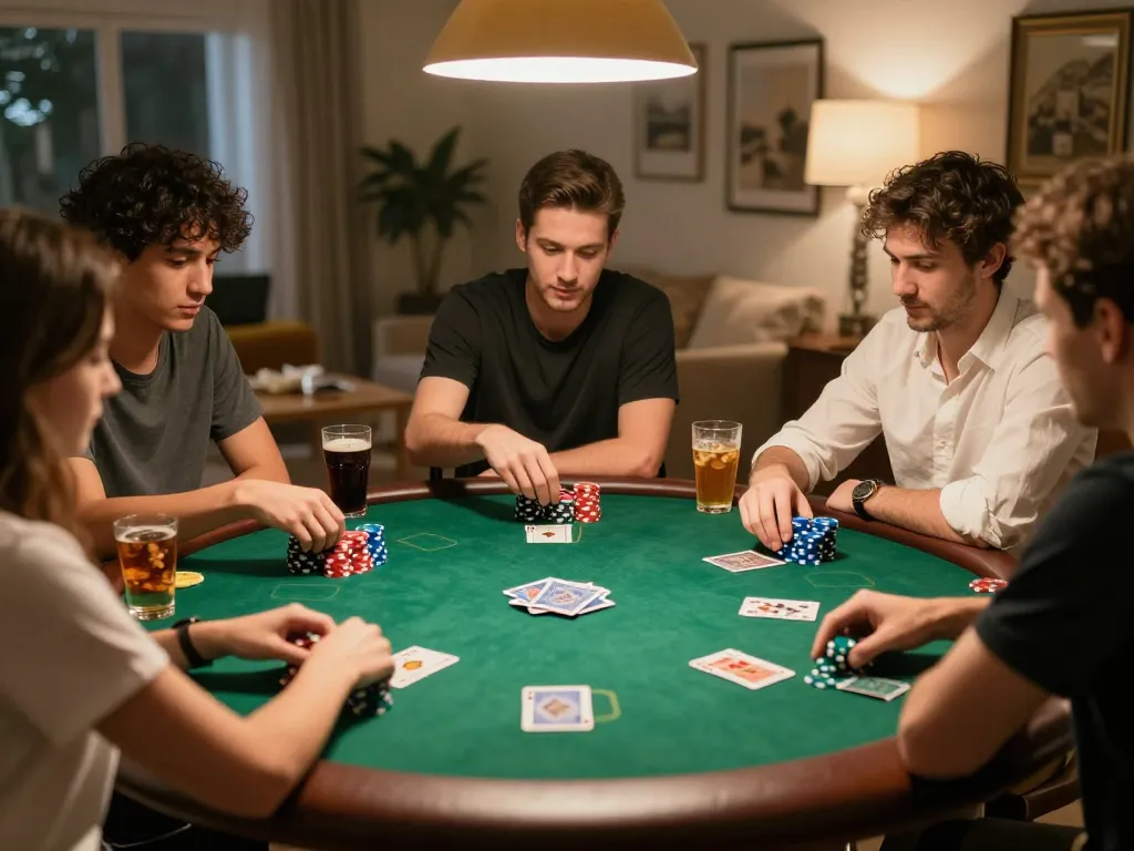 Players enjoying poker night at home, GEM88 themed with colorful chips and strategic card plays.