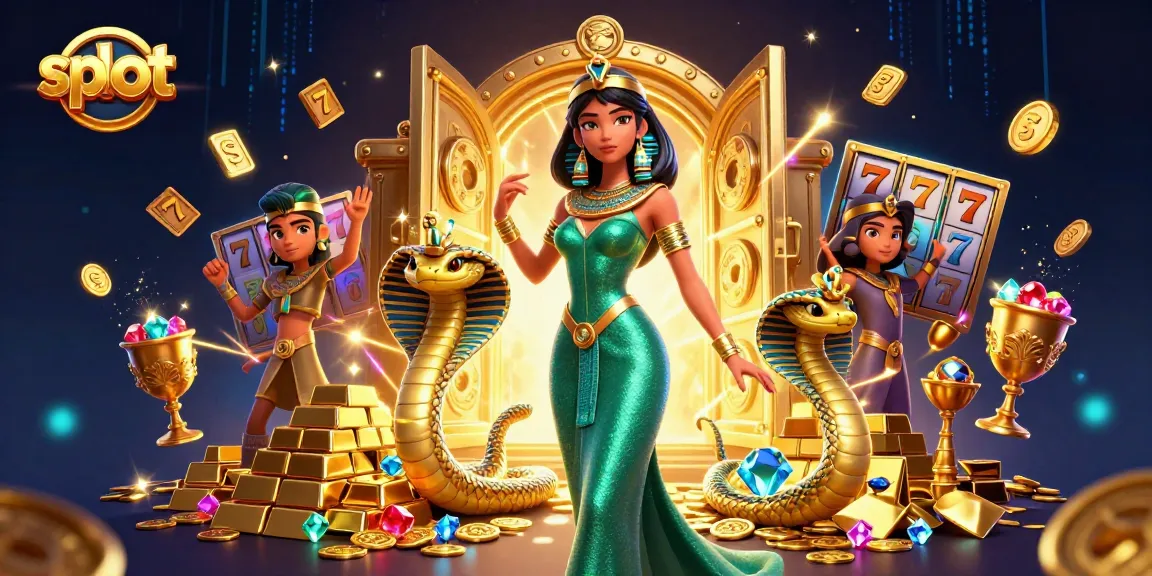 Spin the slot reels with a glamorous woman and her golden cobra companion amidst dazzling treasures.
