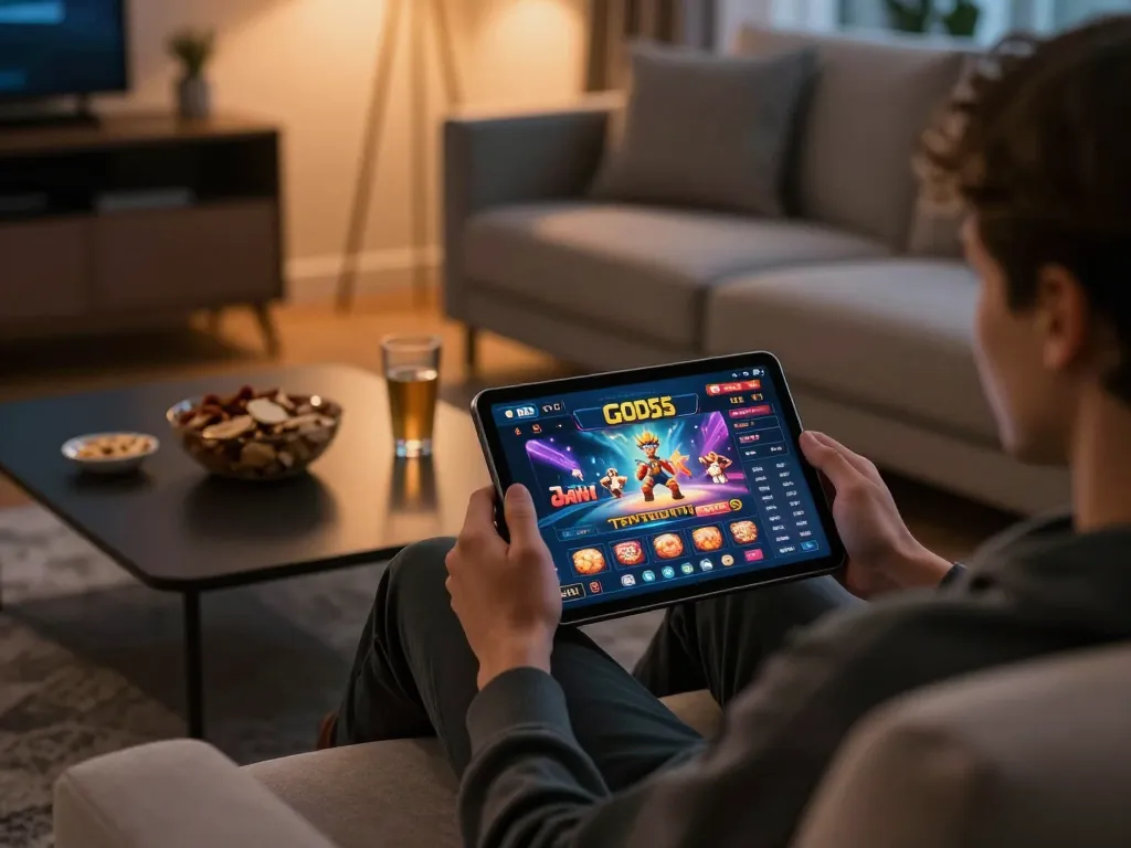 Engaging in online gaming on god55, showcasing a cozy living setup with casino tablet interface.