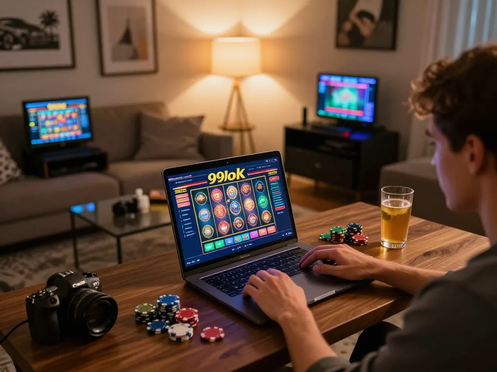 Player enjoying a fun gaming experience with 99ok casino on a laptop in a cozy living room.