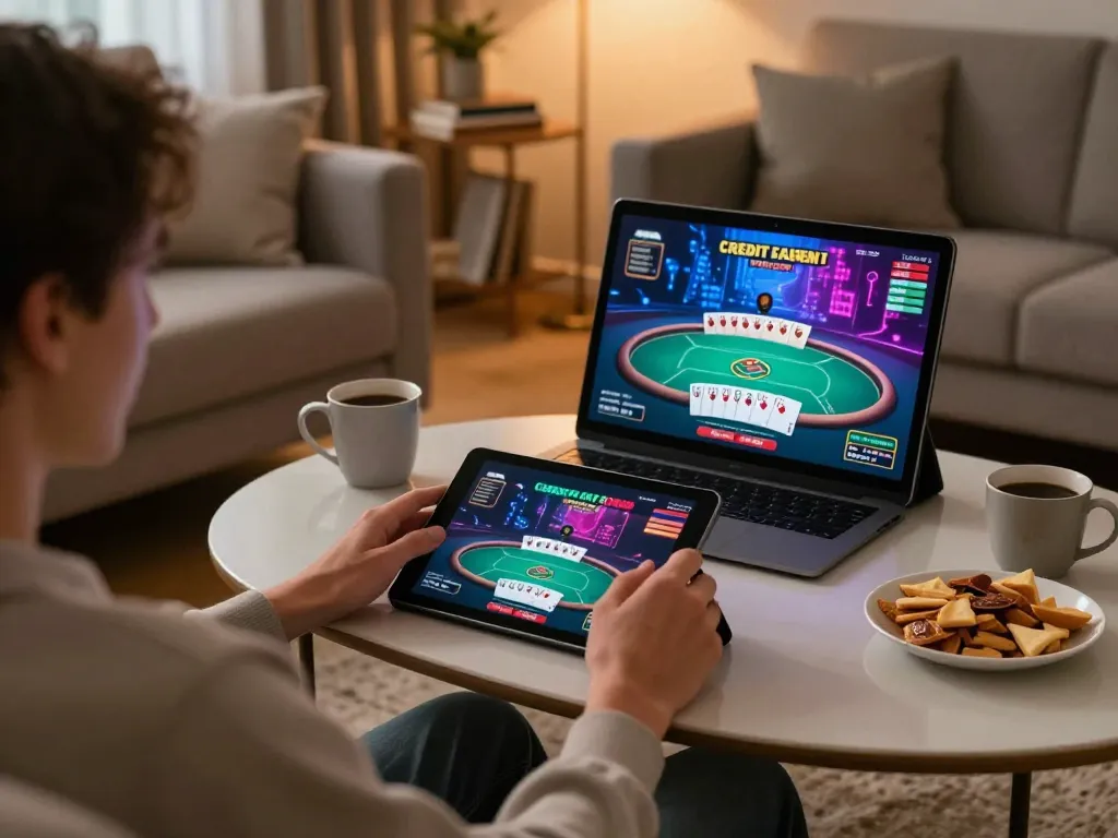 Playing at a credit card casino on a tablet in a cozy home setup with snacks and warm lighting