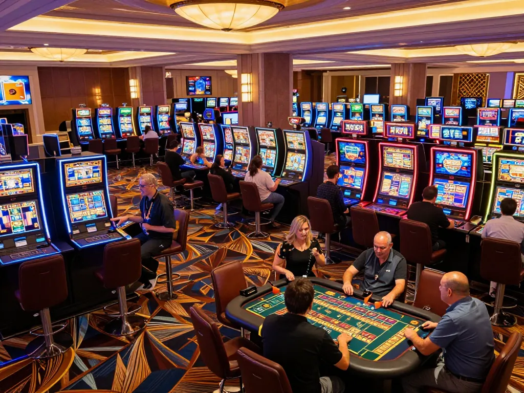 Enjoying the KJC gaming experience on a lively casino floor with people celebrating wins and engaging in various games