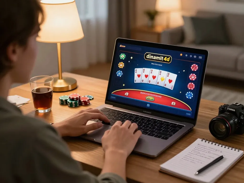 Engaging with dinamit4d online poker on a cozy home desk with strategy notes.