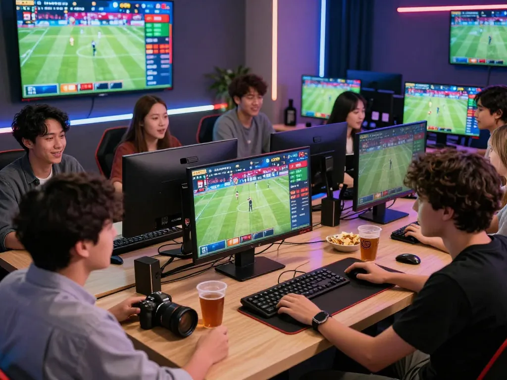 Kumpulan yang terlibat menikmati judi bola online di lingkungan taruhan yang meriah dengan tayangan sepak bola langsung