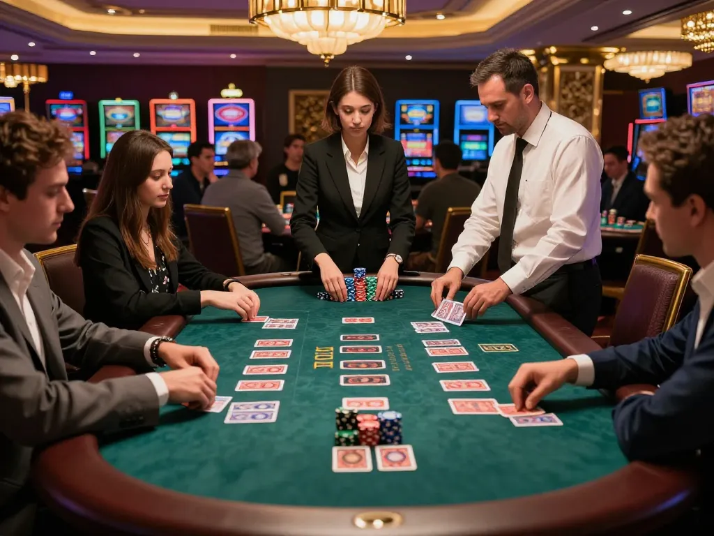Players engaging strategically at mb66 blackjack table, dealer dealing cards, warm casino ambiance.