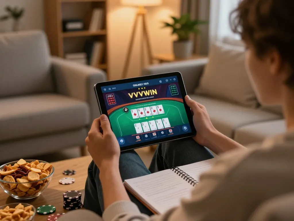 Players enjoying a live poker game on VVVWIN online casino from a cozy home setting.