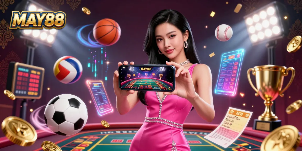 MAY88 offers thrilling live dealer games, showcasing an Asian woman engaging confidently with a smartphone in a dynamic casino scene.