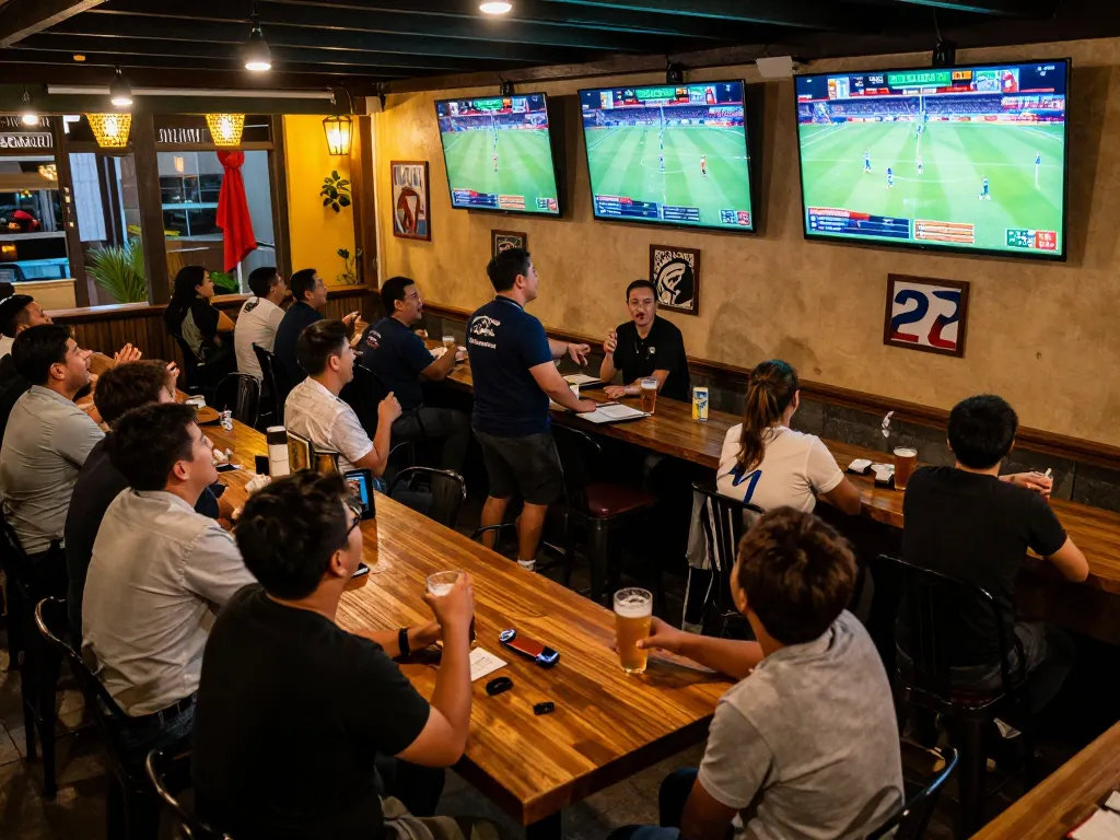 BOM88 patrons engaged in lively sports betting at a vibrant bar during game season.
