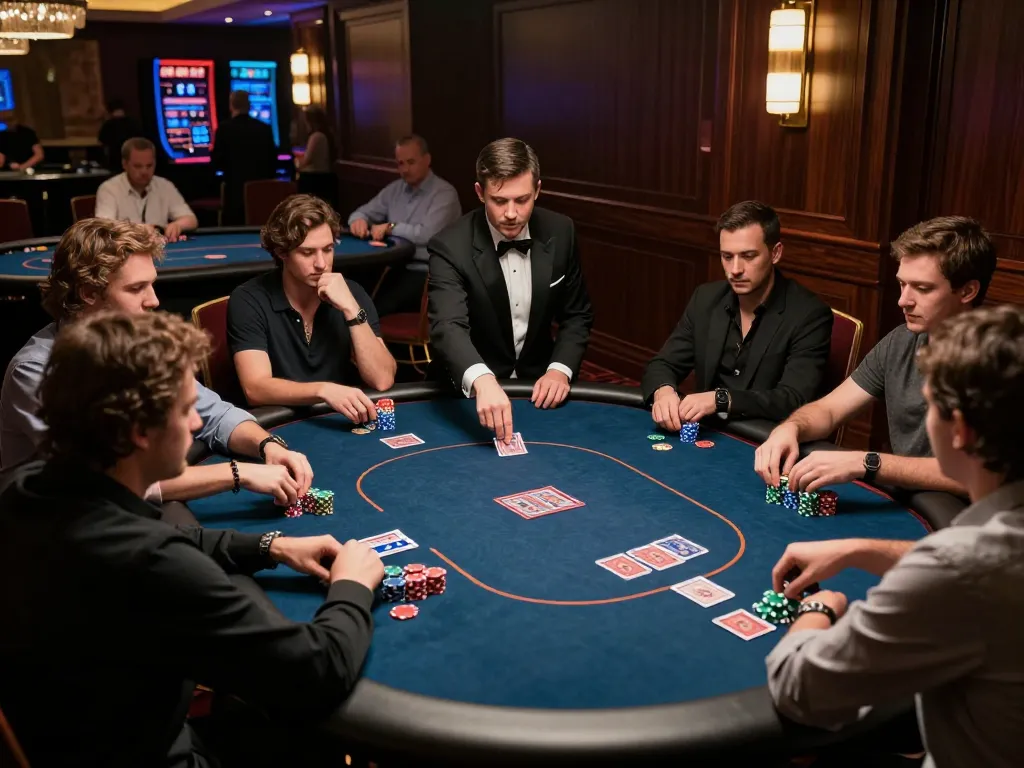 FIVE88 players engaged in a strategic poker game at a luxury casino, showcasing intense competition.