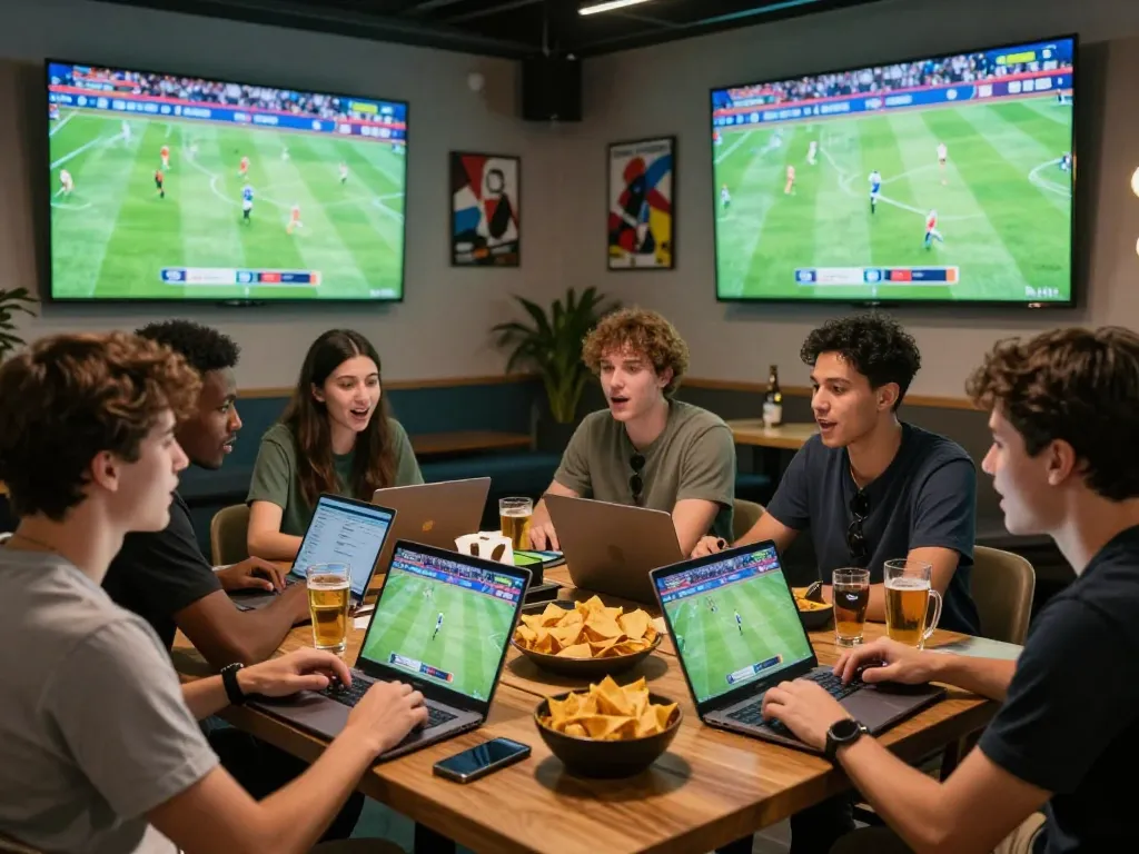 SBOBET enthusiasts watching a live game with laptops and drinks, energetic atmosphere.