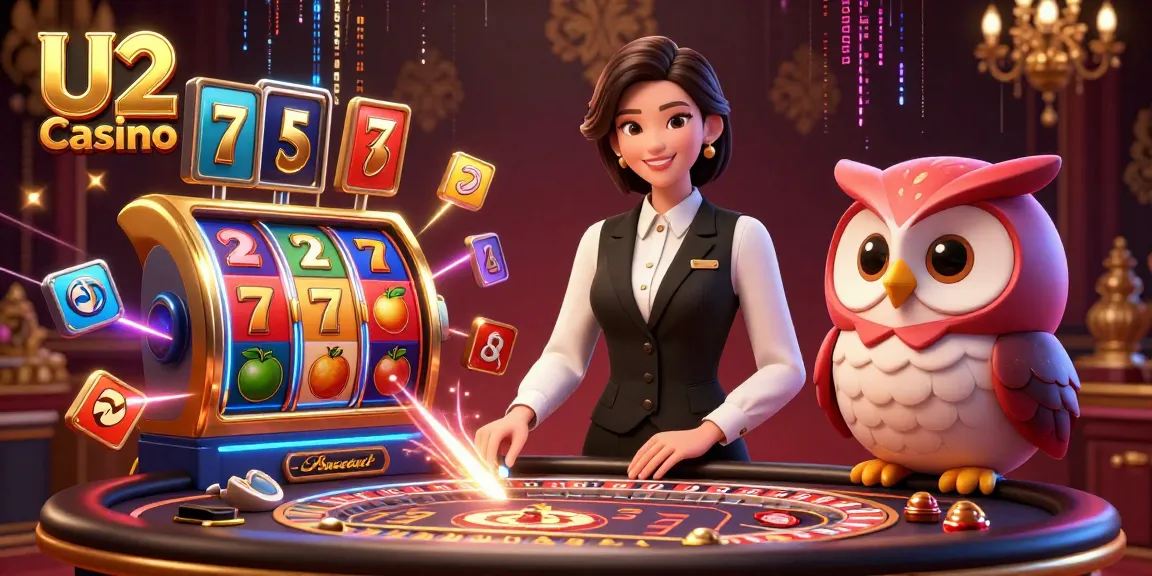 Experience U2 Casino's vibrant gaming with a charming dealer and colorful slot elements.