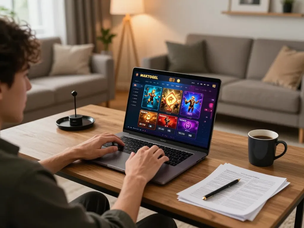 Pemain menjelajahi antarmuka online MAKTOGEL di ruang tamu yang nyaman.