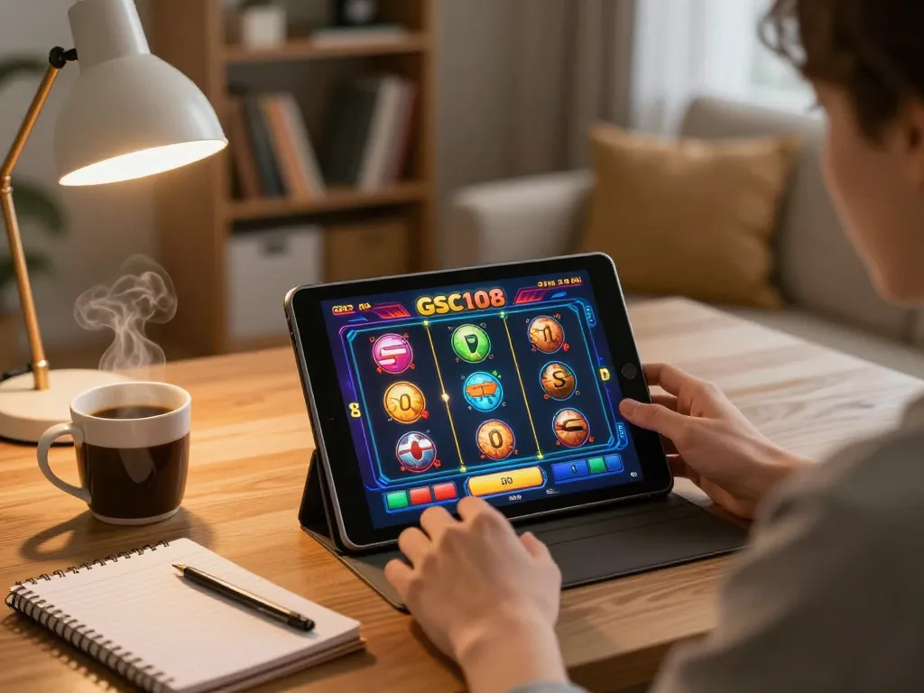 Pemain terlibat dengan permainan slot Gsc108 di tablet dalam suasana rumah yang nyaman, menekankan permainan online yang strategis.