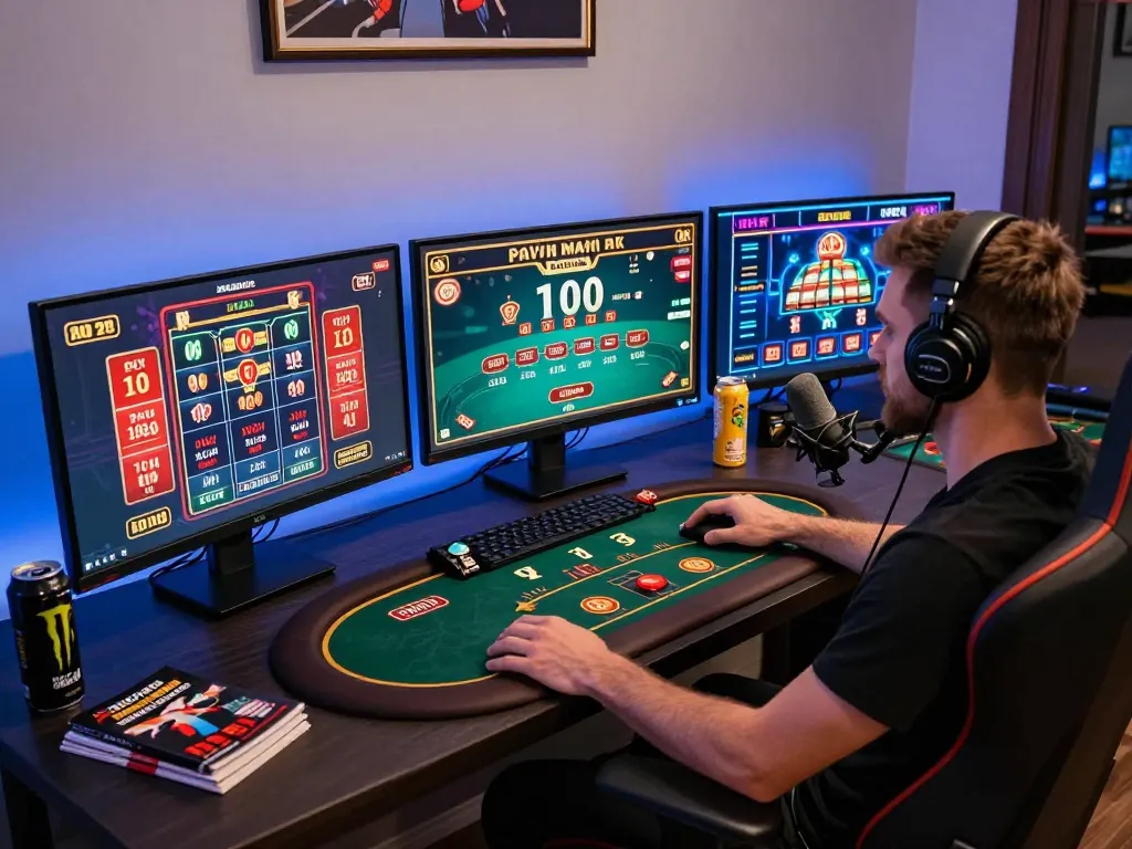Player engaging with online casino games at their O8 gaming station, showcasing technology and immersive experience.