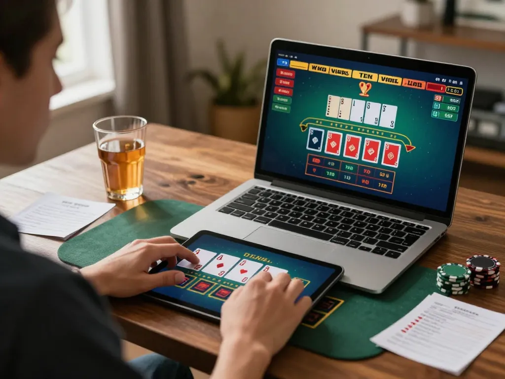 SIN88 player engaging in a live dealer blackjack game from the comfort of home, highlighting strategic gambling choices.