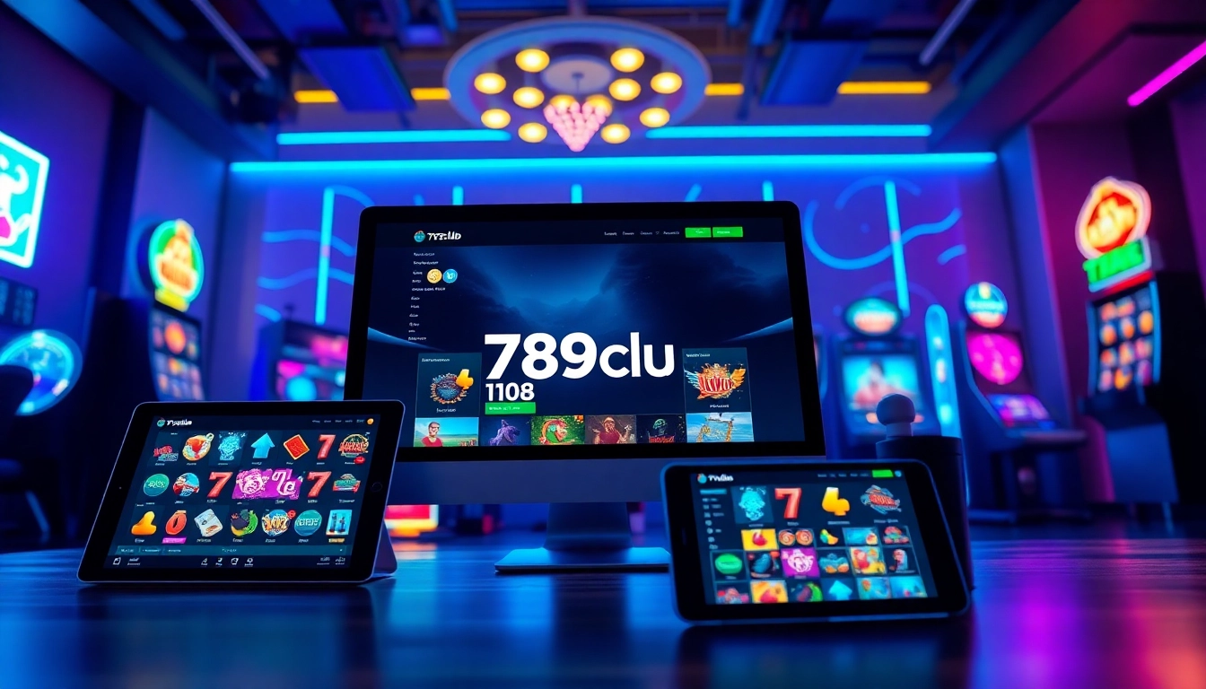 Engaging online gaming scene featuring 789club, showcasing various devices with vibrant casino graphics.