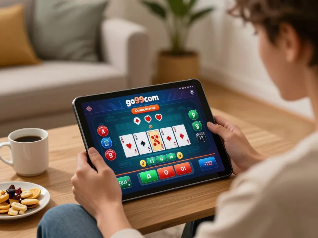Engaging online blackjack gameplay on go99com tablet, showcasing cards and strategy