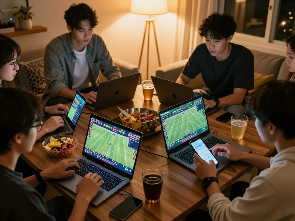 Engaging in sports betting with vu88 on laptops and smartphones in a cozy setting