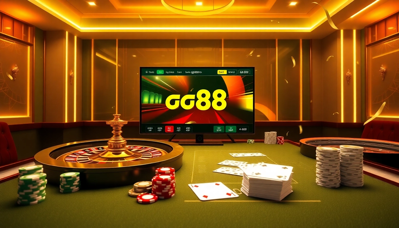 Engaging scene of a virtual casino with gg88.com branding, featuring poker chips and a roulette wheel.